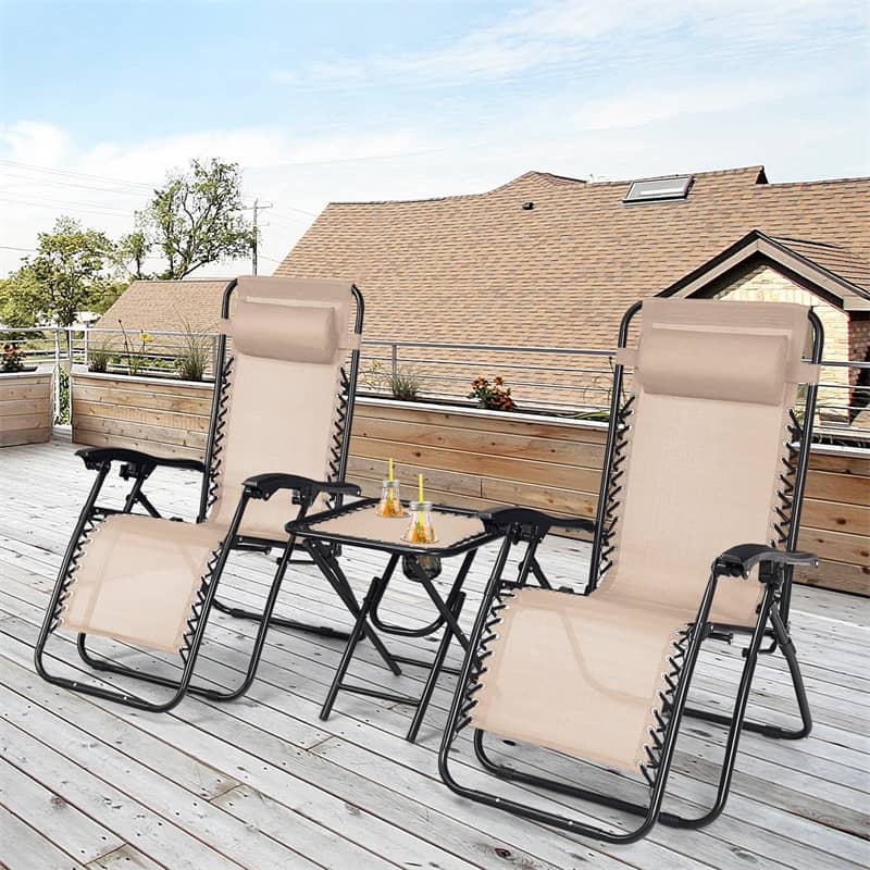 3 Piece Zero Gravity Chairs with Side Table Set, Outdoor Folding Reclining Lounge Chairs Table with Adjustable Backrest, Headrest, Cup Holders