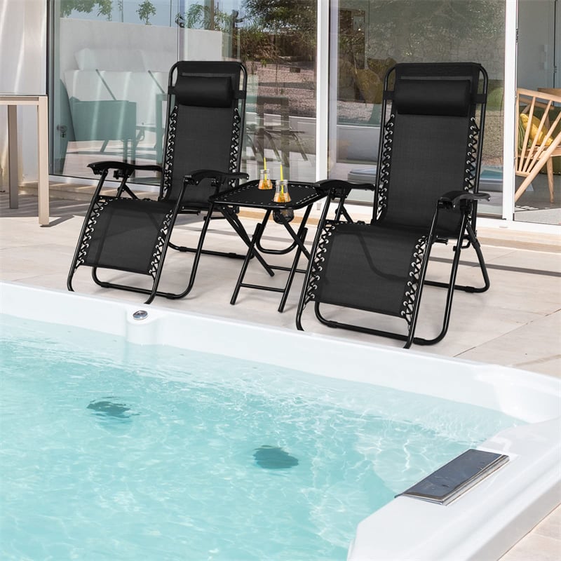 3 Piece Zero Gravity Chairs with Side Table Set, Outdoor Folding Reclining Lounge Chairs Table with Adjustable Backrest, Headrest, Cup Holders