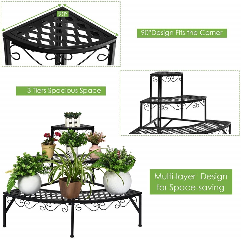 3 Tier Metal Corner Plant Stand Quarter Round Plant Display Holder Ladder Flower Potted Shelf Plant Display Rack for Indoor Outdoor Use