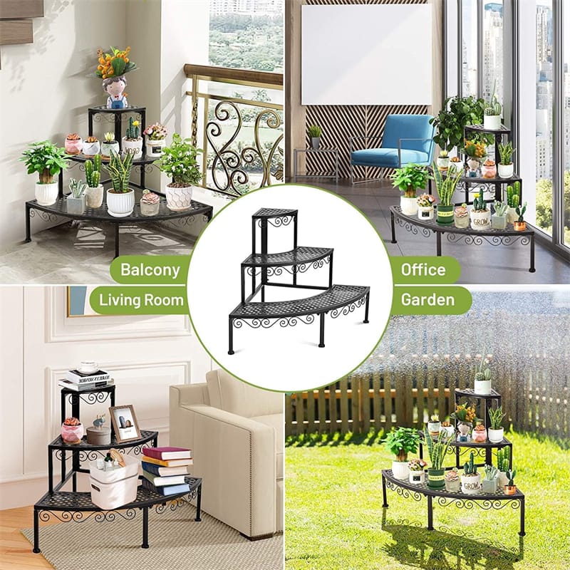 3 Tier Metal Corner Plant Stand Quarter Round Plant Display Holder Ladder Flower Potted Shelf Plant Display Rack for Indoor Outdoor Use