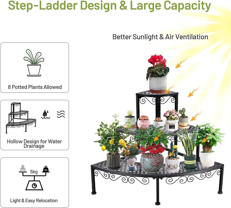 3 Tier Metal Corner Plant Stand Quarter Round Plant Display Holder Ladder Flower Potted Shelf Plant Display Rack for Indoor Outdoor Use