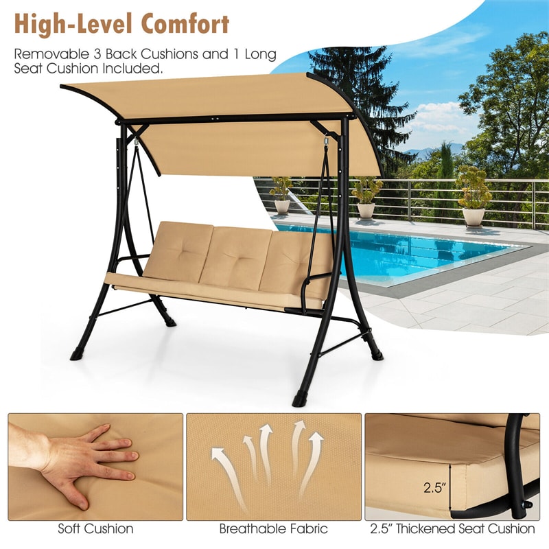 3-Person Porch Swing with Adjustable Canopy, Steel Frame Outdoor Patio Swing with Removable Seat & Back Cushions for Garden Backyard Balcony