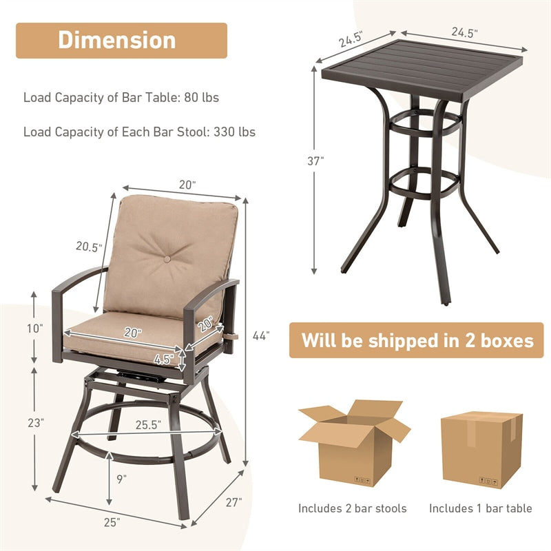 3 Piece Outdoor Bar Height Bistro Set All Weather Metal Patio Bar Set with Swivel Bar Stools & Back Seat Cushions