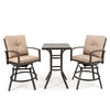 3 Piece Outdoor Bar Height Bistro Set All Weather Metal Patio Bar Set with Swivel Bar Stools & Back Seat Cushions