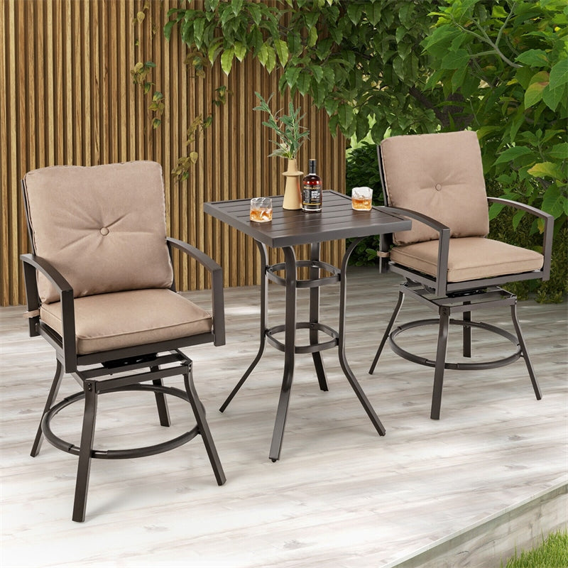 3 Piece Outdoor Bar Height Bistro Set All Weather Metal Patio Bar Set with Swivel Bar Stools & Back Seat Cushions