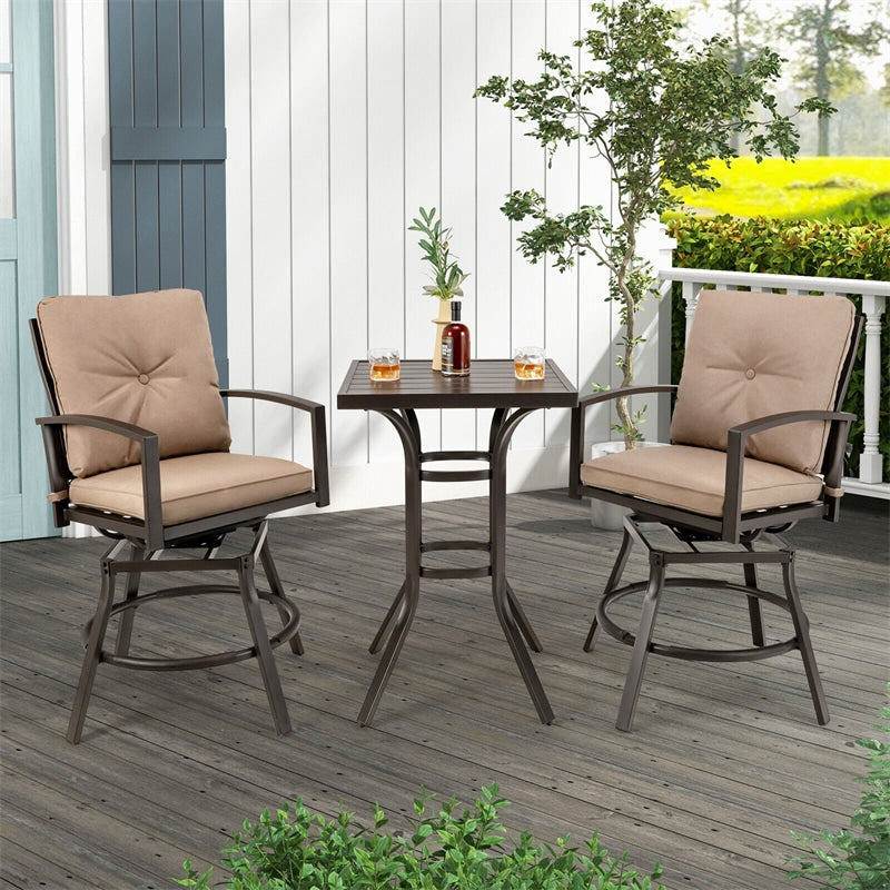 3 Piece Outdoor Bar Height Bistro Set All Weather Metal Patio Bar Set with Swivel Bar Stools & Back Seat Cushions