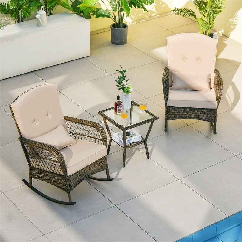 3-Piece Outdoor Wicker Rocking Bistro Set Hand-Woven PE Rattan Rocking Chairs with Tempered Glass Side Table & Cushions Pillows