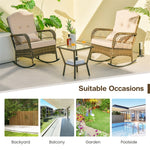 3-Piece Outdoor Wicker Rocking Bistro Set Hand-Woven PE Rattan Rocking Chairs with Tempered Glass Side Table & Cushions Pillows