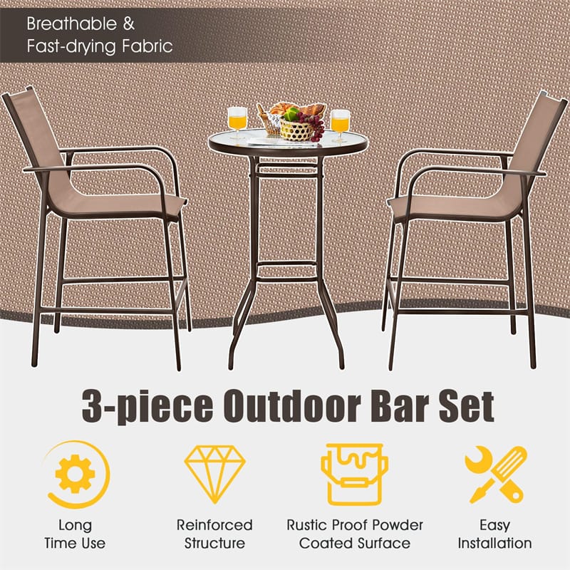 3 Piece Patio Bar Set Outdoor Bar Height Bistro Set with 2 Bar Chairs & Tempered Glass Top Bar Table for Backyard Garden Lawn