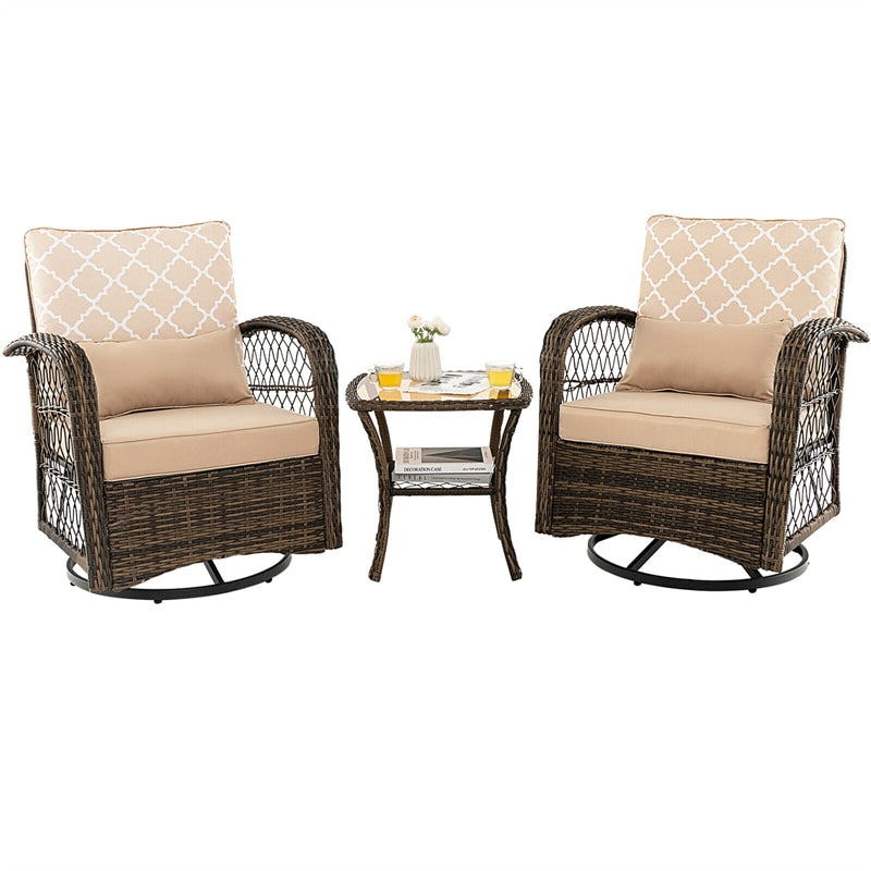 3-Piece Outdoor Wicker Swivel Rocking Chair Set Rattan Swivel Rocker Patio Chairs with Tempered Glass Coffee Table & Cushions