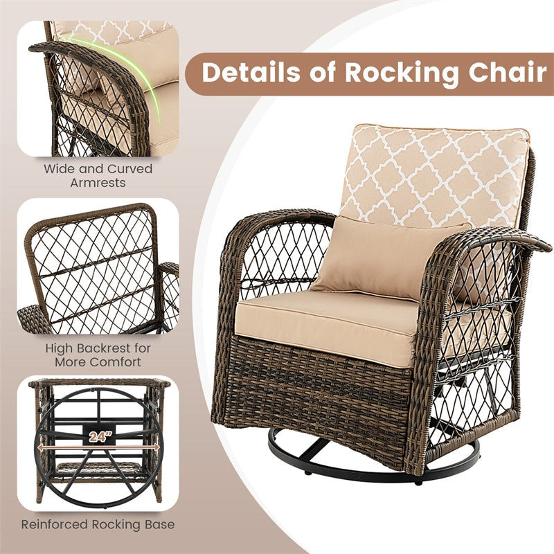 3-Piece Outdoor Wicker Swivel Rocking Chair Set Rattan Swivel Rocker Patio Chairs with Tempered Glass Coffee Table & Cushions