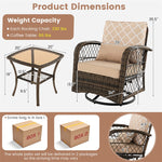 3-Piece Outdoor Wicker Swivel Rocking Chair Set Rattan Swivel Rocker Patio Chairs with Tempered Glass Coffee Table & Cushions