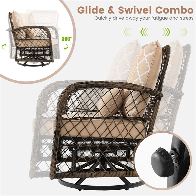 3-Piece Outdoor Wicker Swivel Rocking Chair Set Rattan Swivel Rocker Patio Chairs with Tempered Glass Coffee Table & Cushions