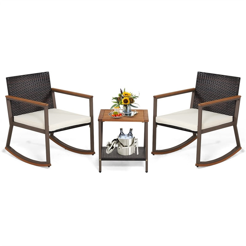 3 Piece Patio Rattan Rocking Bistro Set Outdoor PE Wicker Rocking Chairs Metal Frame with Storage Shelf Coffee Table & Cushions