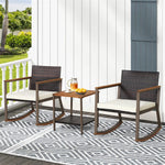 3 Piece Patio Rattan Rocking Bistro Set Outdoor PE Wicker Rocking Chairs Metal Frame with Storage Shelf Coffee Table & Cushions