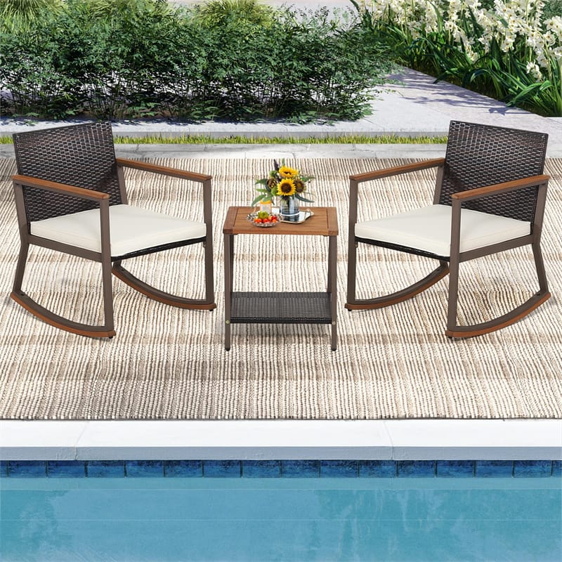 3 Piece Patio Rattan Rocking Bistro Set Outdoor PE Wicker Rocking Chairs Metal Frame with Storage Shelf Coffee Table & Cushions