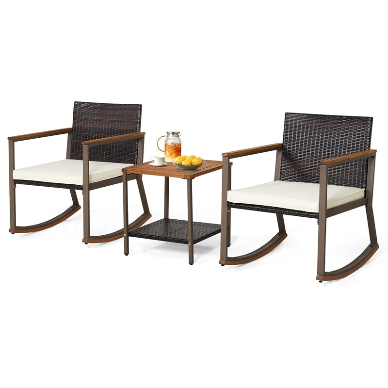 3 Piece Patio Rattan Rocking Bistro Set Outdoor PE Wicker Rocking Chairs Metal Frame with Storage Shelf Coffee Table & Cushions