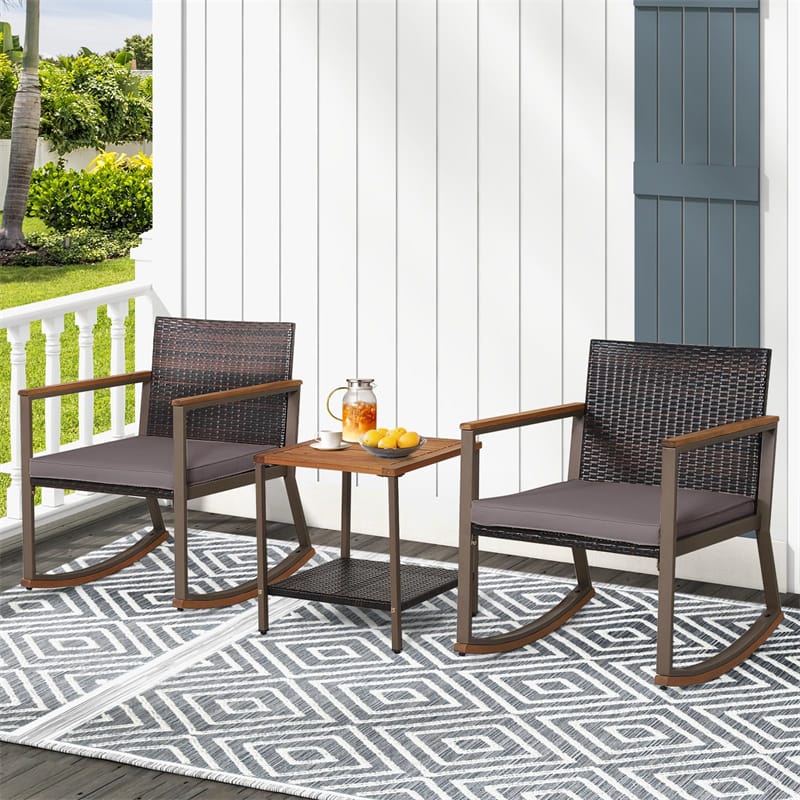 3 Piece Patio Rattan Rocking Bistro Set Outdoor PE Wicker Rocking Chairs Metal Frame with Storage Shelf Coffee Table & Cushions