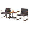 3 Piece Patio Rattan Rocking Bistro Set Outdoor PE Wicker Rocking Chairs Metal Frame with Storage Shelf Coffee Table & Cushions