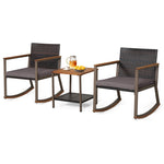 3 Piece Patio Rattan Rocking Bistro Set Outdoor PE Wicker Rocking Chairs Metal Frame with Storage Shelf Coffee Table & Cushions