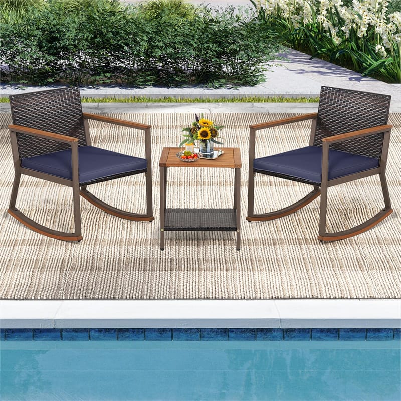 3 Piece Patio Rattan Rocking Bistro Set Outdoor PE Wicker Rocking Chairs Metal Frame with Storage Shelf Coffee Table & Cushions