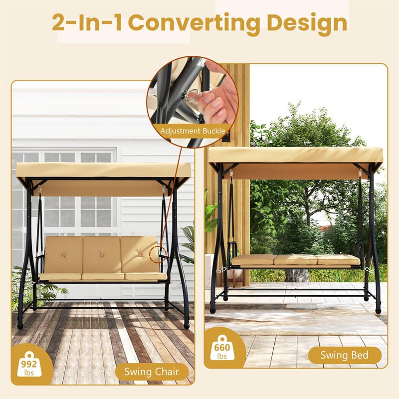 3 Person Outdoor Porch Swing 2-in-1 Large Converting Patio Swing Bed Glider with Adjustable Canopy & Removable Cushions for Yard Balcony