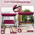 3 Person Outdoor Porch Swing 2-in-1 Large Converting Patio Swing Bed Glider with Adjustable Canopy & Removable Cushions for Yard Balcony