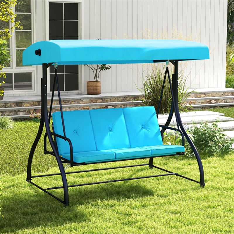 3 Person Outdoor Porch Swing 2-in-1 Large Converting Patio Swing Bed Glider with Adjustable Canopy & Removable Cushions for Yard Balcony