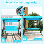 3 Person Outdoor Porch Swing 2-in-1 Large Converting Patio Swing Bed Glider with Adjustable Canopy & Removable Cushions for Yard Balcony