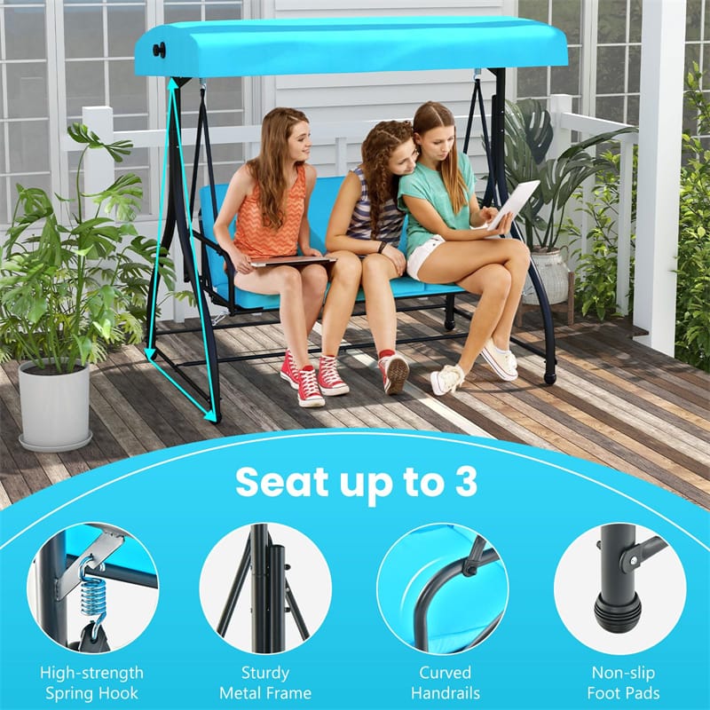 3 Person Outdoor Porch Swing 2-in-1 Large Converting Patio Swing Bed Glider with Adjustable Canopy & Removable Cushions for Yard Balcony