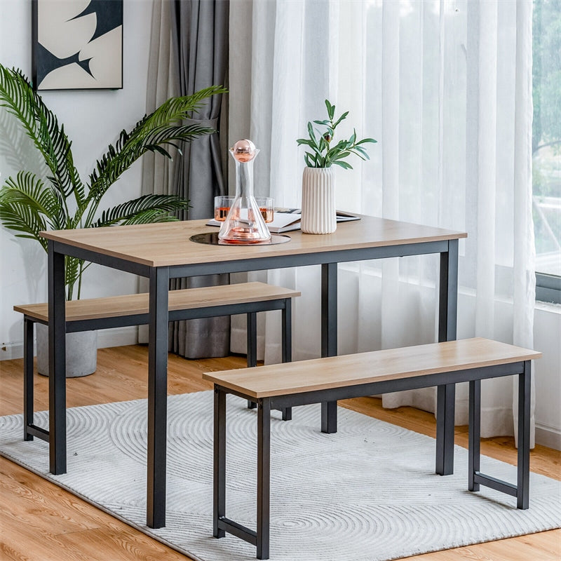 3pcs Modern Kitchen Dining Table Bench Set Space-Saving Dining Table Set with Wooden Tabletop & Metal Frame