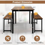 3pcs Modern Kitchen Dining Table Bench Set Space-Saving Dining Table Set with Wooden Tabletop & Metal Frame