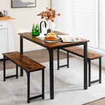 3pcs Modern Kitchen Dining Table Bench Set Space-Saving Dining Table Set with Wooden Tabletop & Metal Frame