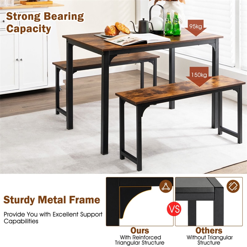 3pcs Modern Kitchen Dining Table Bench Set Space-Saving Dining Table Set with Wooden Tabletop & Metal Frame