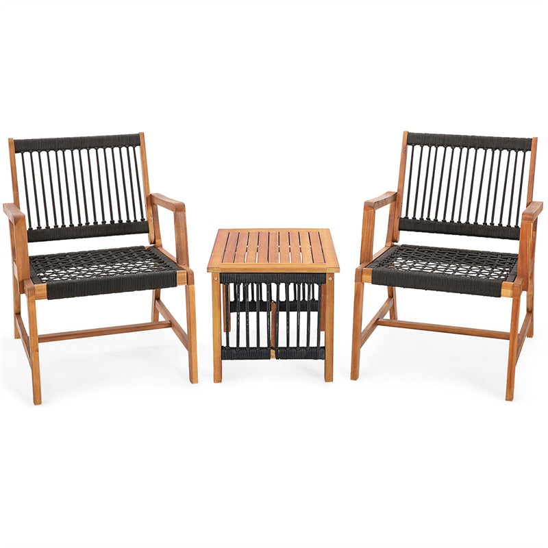 3PCS Acacia Wood Frame Outdoor Furniture All-Weather Rope Woven Patio Bistro Set with Coffee Table