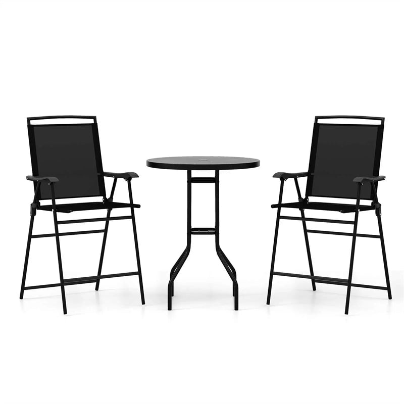 3 Piece Outdoor Bar Set Patio Table Chairs Set Folding Bistro Furniture Set with DPC Tabletop, Umbrella Hole & Heavy Duty Metal Frame