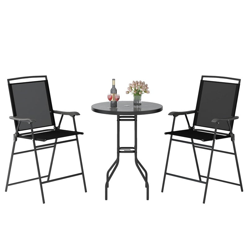 3 Piece Outdoor Bar Set Patio Table Chairs Set Folding Bistro Furniture Set with DPC Tabletop, Umbrella Hole & Heavy Duty Metal Frame