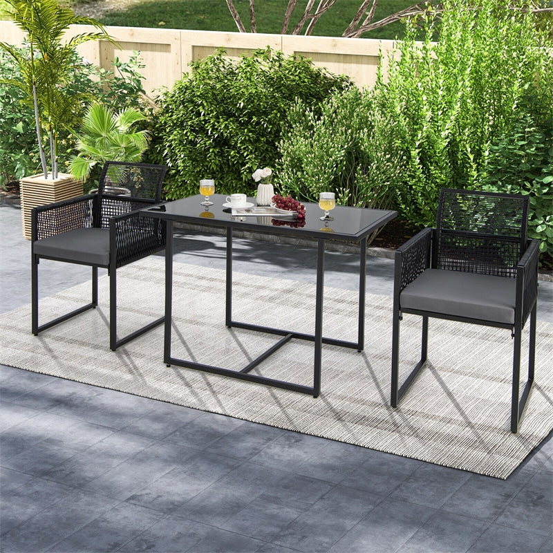 3 Piece Space Saving Outdoor Dining Set Black PE Rattan Patio Chair Table Set with Folding Backrest & Seat Cushions