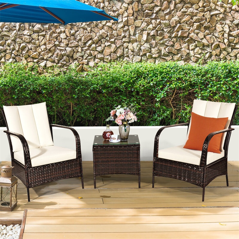 3PCS Patio Rattan Furniture Set with 2 Chairs, Cushions & Tempered Glass Top Coffee Table, Outdoor Wicker Conversation Set for Garden Deck