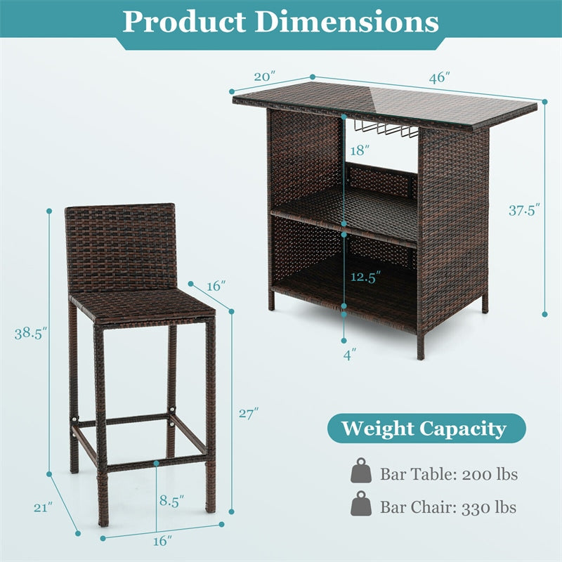 3 Piece Outdoor Bar Set Patio Wicker Bar Height Table and Chairs Set with Hidden Storage Shelf & 3 Rows Stemware Racks for Garden Yard Poolside