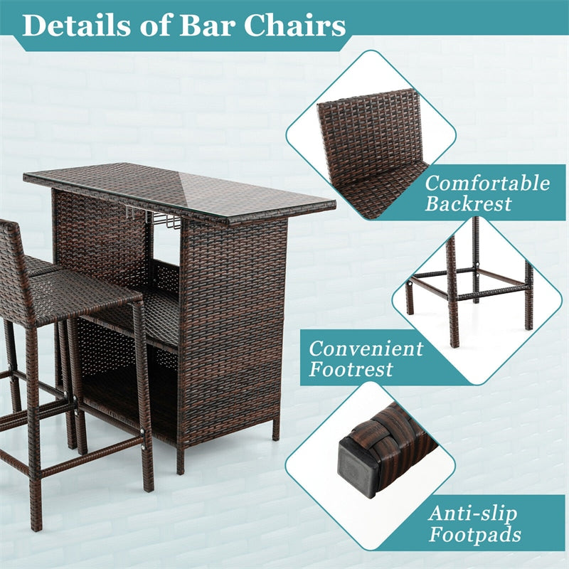 3 Piece Outdoor Bar Set Patio Wicker Bar Height Table and Chairs Set with Hidden Storage Shelf & 3 Rows Stemware Racks for Garden Yard Poolside