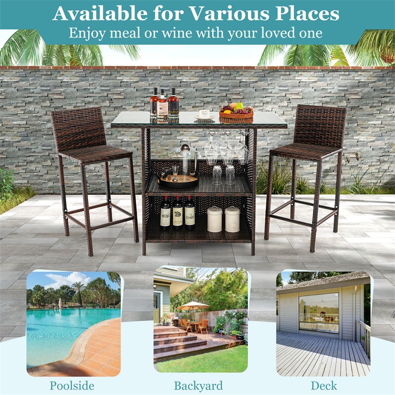 3 Piece Outdoor Bar Set Patio Wicker Bar Height Table and Chairs Set with Hidden Storage Shelf & 3 Rows Stemware Racks for Garden Yard Poolside