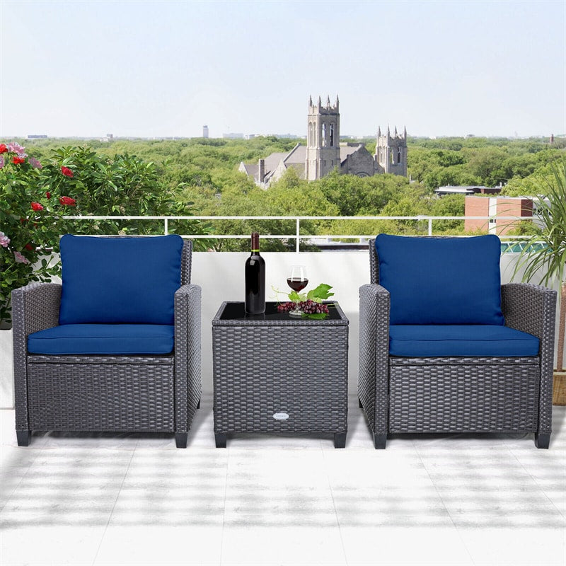 3 Piece Outdoor Wicker Rattan Patio Conversation Set with Coffee Table & 2 Sets Cushion Covers