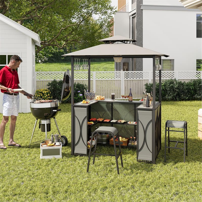 3PCS Patio Bar Set Grill Gazebo & 2 Bar Stools with Tempered Glass Bar Table, Metal Storage Shelves, Outdoor 2-Tier Vented Top Canopy BBQ Gazebo