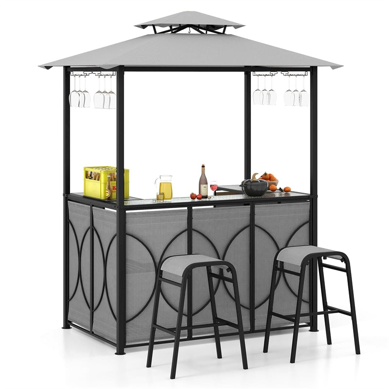 3PCS Patio Bar Set Grill Gazebo & 2 Bar Stools with Tempered Glass Bar Table, Metal Storage Shelves, Outdoor 2-Tier Vented Top Canopy BBQ Gazebo