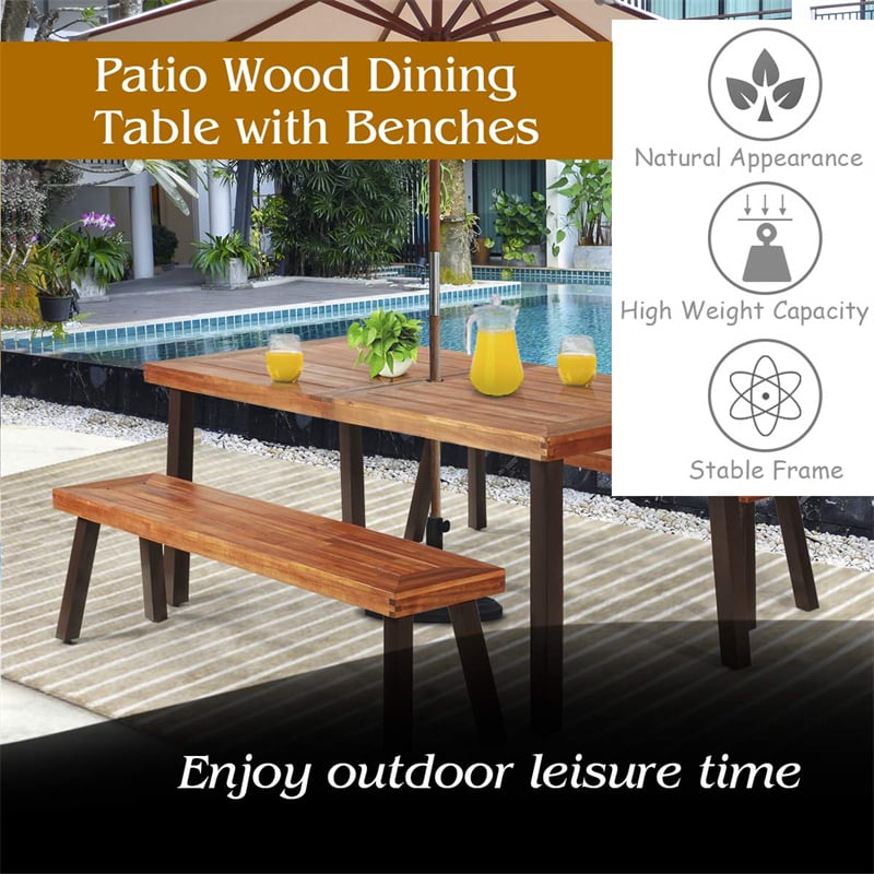 3 Piece Patio Dining Table Set Acacia Wood Table Bench Outdoor Picnic Table with Umbrella Hole, 2 Benches & Steel Legs