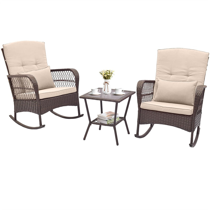 3PCS Patio Rocking Wicker Bistro Set Outdoor Rattan Rocker Chair Set with 2-Layer Coffee Table, Seat Back Cushions & Pillows for Porch Poolside