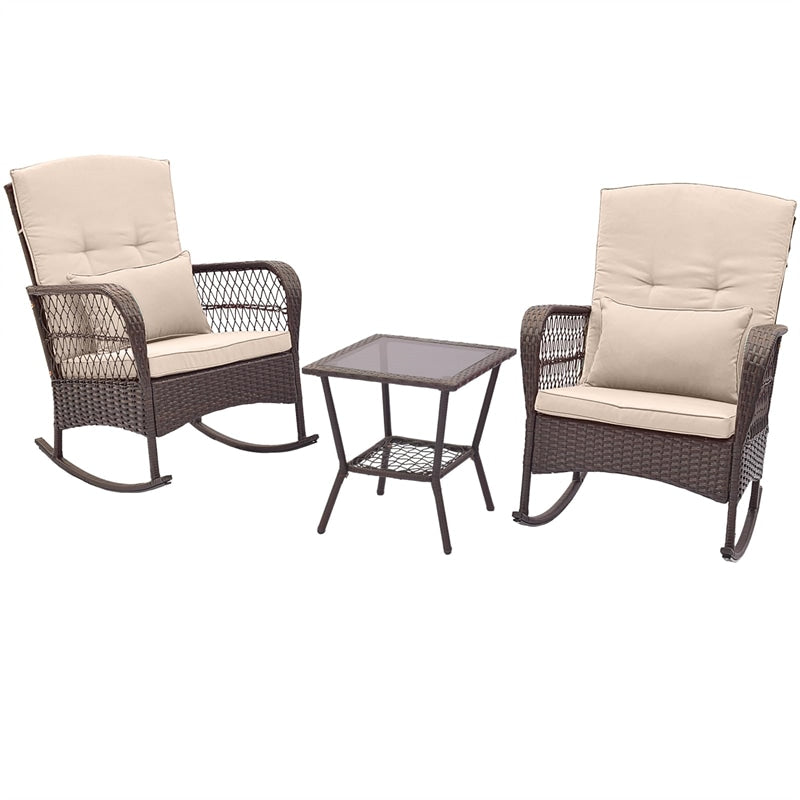 3PCS Patio Rocking Wicker Bistro Set Outdoor Rattan Rocker Chair Set with 2-Layer Coffee Table, Seat Back Cushions & Pillows for Porch Poolside