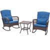 3PCS Patio Rocking Wicker Bistro Set Outdoor Rattan Rocker Chair Set with 2-Layer Coffee Table, Seat Back Cushions & Pillows for Porch Poolside