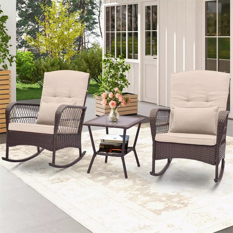 3PCS Patio Rocking Wicker Bistro Set Outdoor Rattan Rocker Chair Set with 2-Layer Coffee Table, Seat Back Cushions & Pillows for Porch Poolside